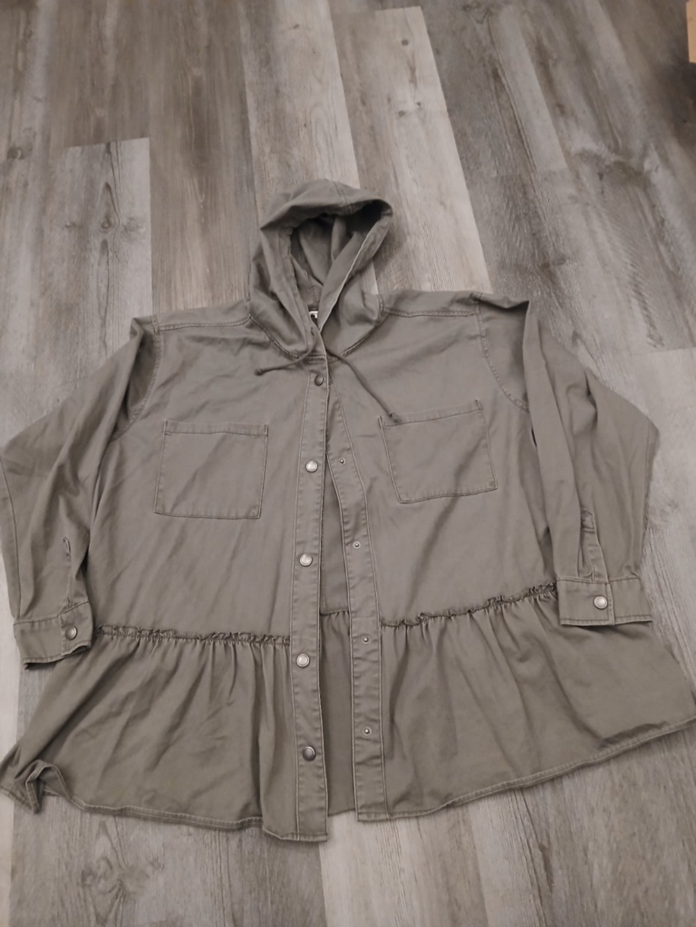 Maurices Olive Utility Hooded Ruffle-Hem Jacket